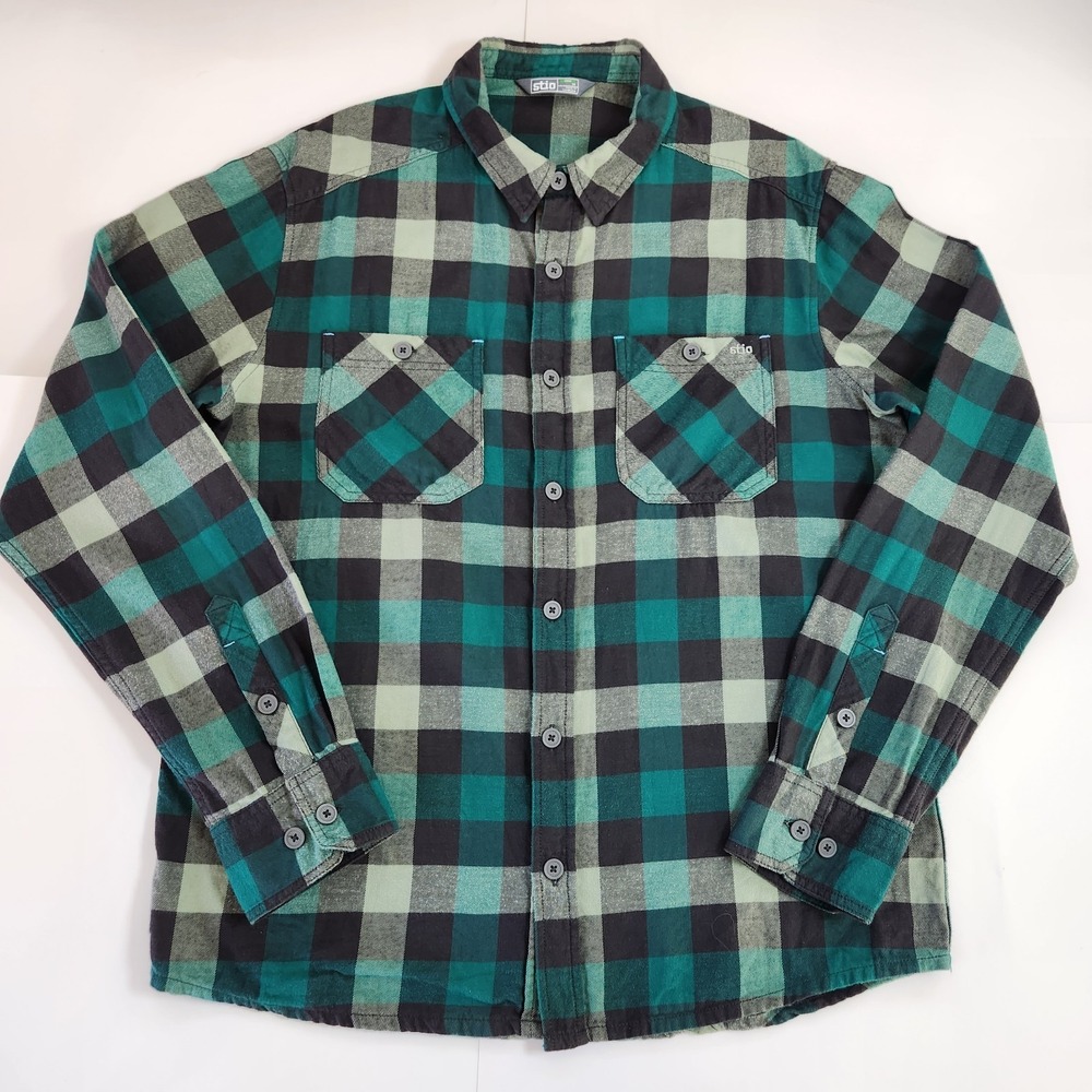 STIO Flannel Men's M Organic Cotton Long-Sleeve Shirt Green Buffalo-Check Plaid
